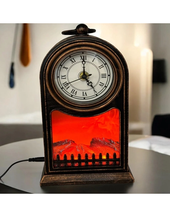 LED Işıklı Siyah Eskitme Şömine Saat