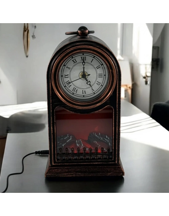 LED Işıklı Siyah Eskitme Şömine Saat