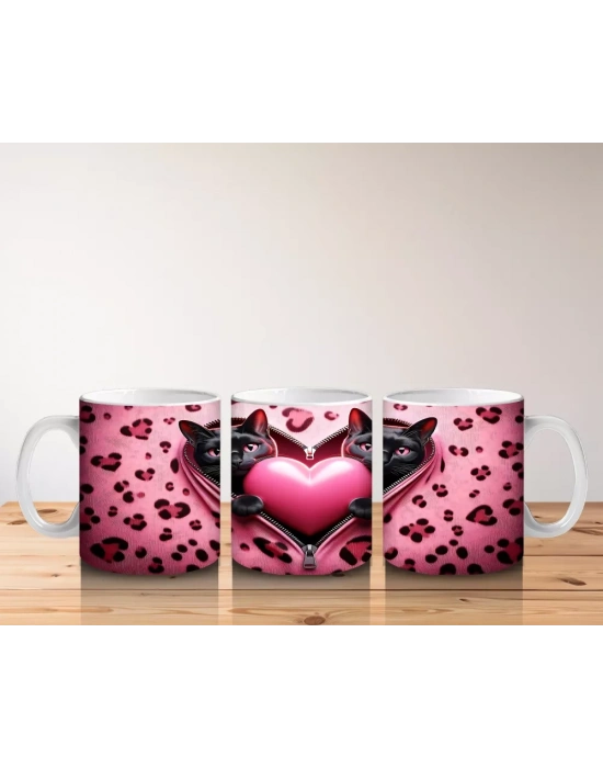 Leopar Desen Fon Üzerinde Aşık Kediler – Baskılı Kahve Kupası