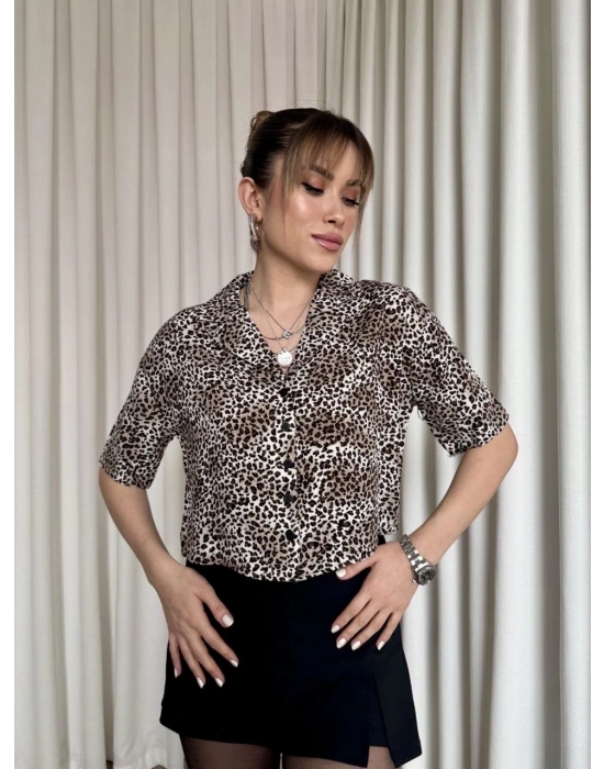 Leopar desenli crop gömlek