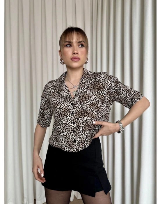 Leopar desenli crop gömlek