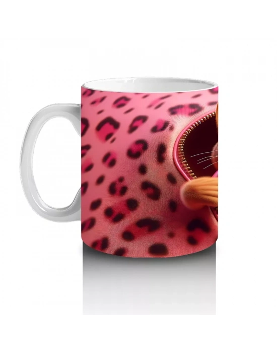 Leopar Desenli Fon Üzerinde Kalpli Kedicik – Baskılı Kahve Kupası