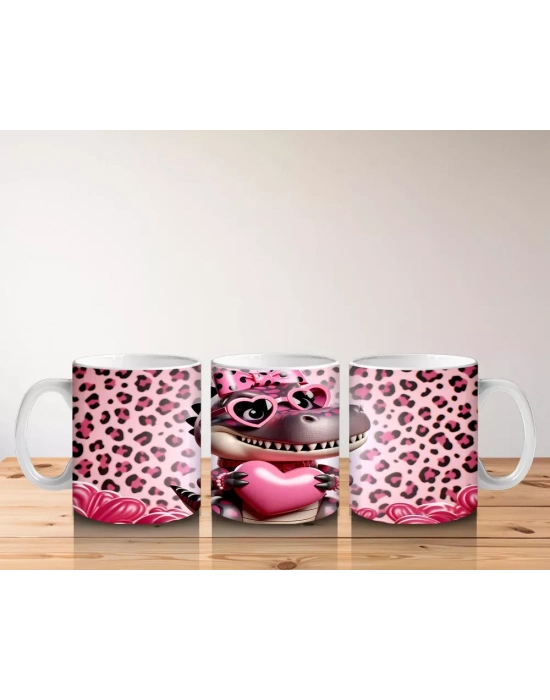 Leopar Desenli Kalpli Gözlük Takmış Dinozor Figürü - Baskılı kahve kupası