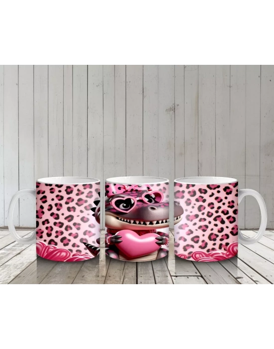 Leopar Desenli Kalpli Gözlük Takmış Dinozor Figürü - Baskılı kahve kupası
