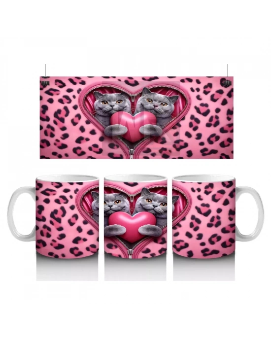 Leopar Desenli Kalpli Kedi Çifti – Baskılı Kahve Kupası