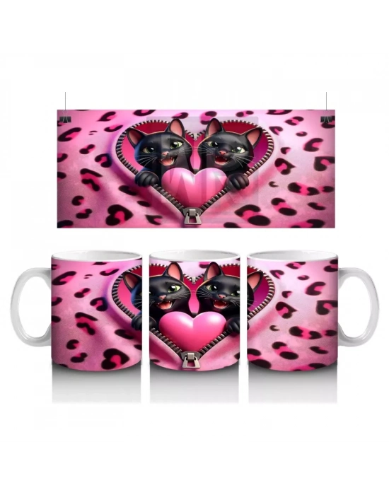 Leopar Desenli Kalpli Zeminde Sarılmış Siyah Kediler - Baskılı kahve kupası