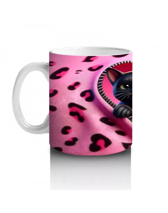 Leopar Desenli Kalpli Zeminde Sarılmış Siyah Kediler - Baskılı kahve kupası