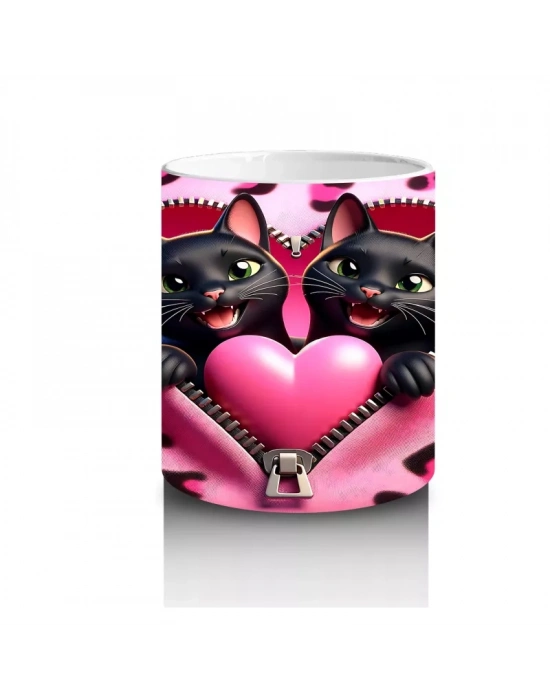 Leopar Desenli Kalpli Zeminde Sarılmış Siyah Kediler - Baskılı kahve kupası