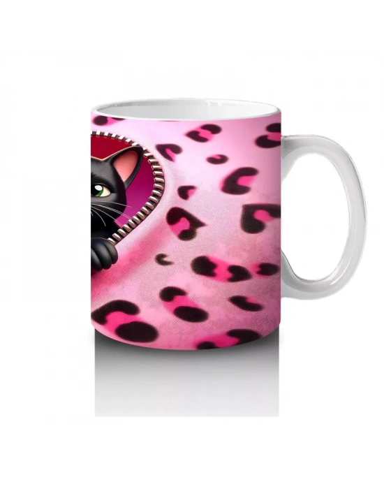 Leopar Desenli Kalpli Zeminde Sarılmış Siyah Kediler - Baskılı kahve kupası