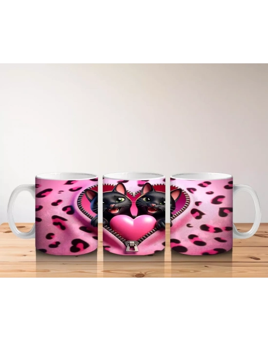 Leopar Desenli Kalpli Zeminde Sarılmış Siyah Kediler - Baskılı kahve kupası
