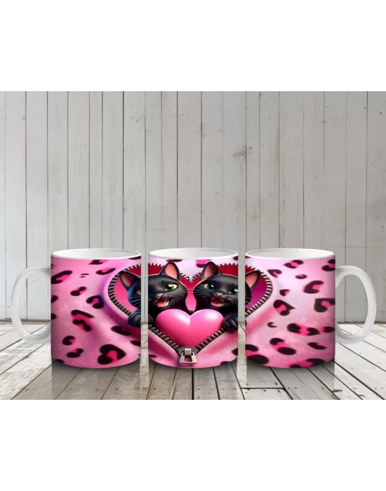 Leopar Desenli Kalpli Zeminde Sarılmış Siyah Kediler - Baskılı kahve kupası