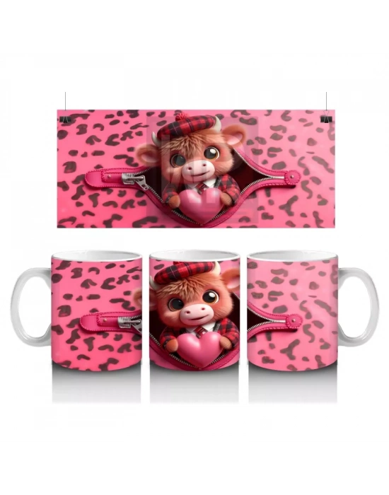 Leopar Desenli Kalpli Zeminde Sevimli İnek Karakteri - Baskılı kahve kupası