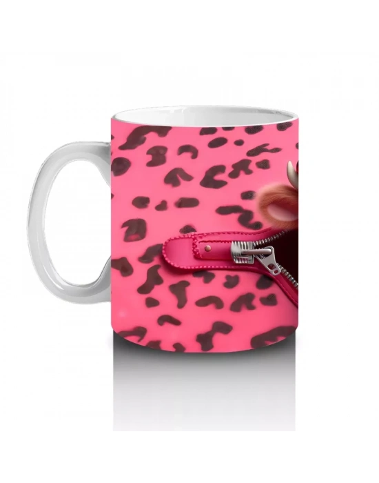 Leopar Desenli Kalpli Zeminde Sevimli İnek Karakteri - Baskılı kahve kupası
