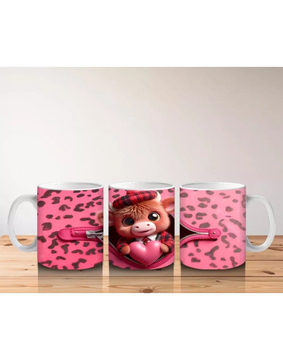 Leopar Desenli Kalpli Zeminde Sevimli İnek Karakteri - Baskılı kahve kupası