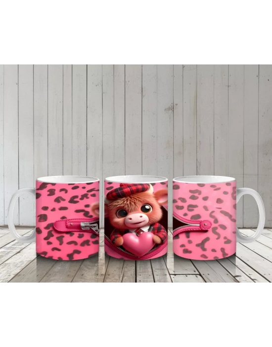 Leopar Desenli Kalpli Zeminde Sevimli İnek Karakteri - Baskılı kahve kupası