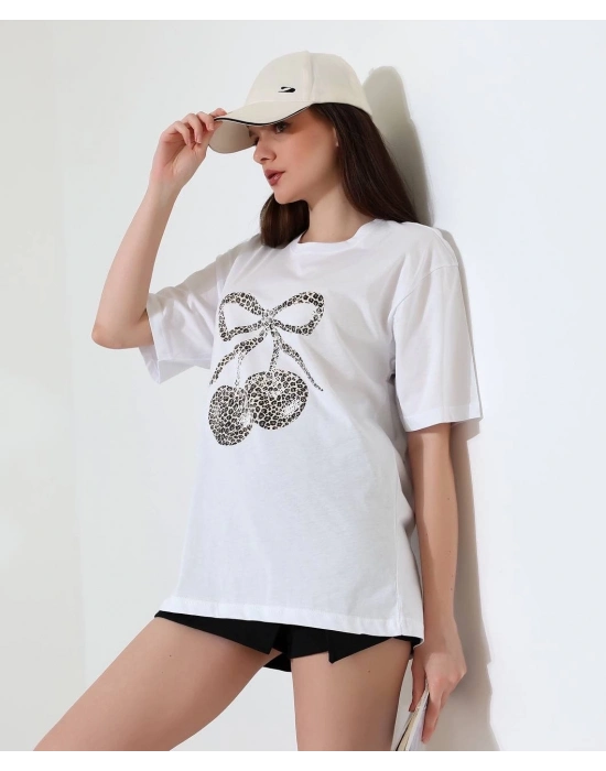 Leopar desenli kiraz baskılı tişört