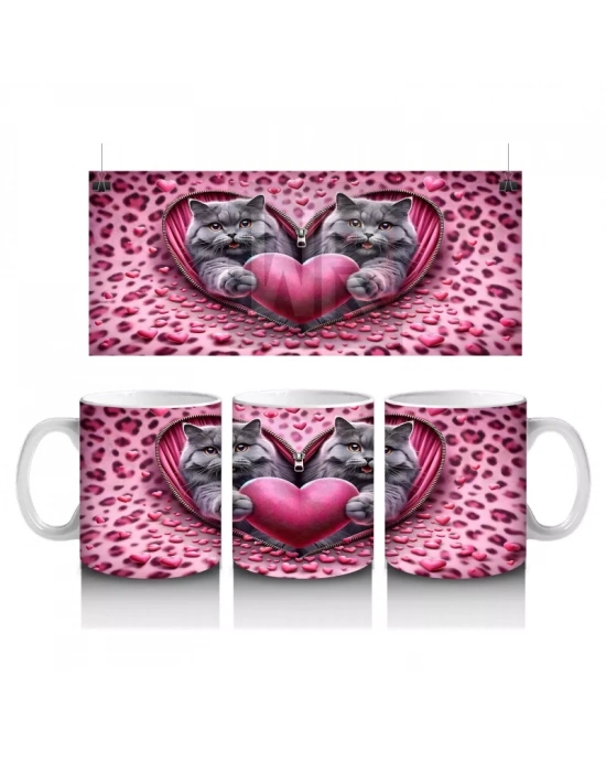 Leopar Desenli Zeminde Kalpli Figür Tutan Gri Kediler - Baskılı kahve kupası