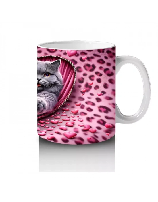 Leopar Desenli Zeminde Kalpli Figür Tutan Gri Kediler - Baskılı kahve kupası