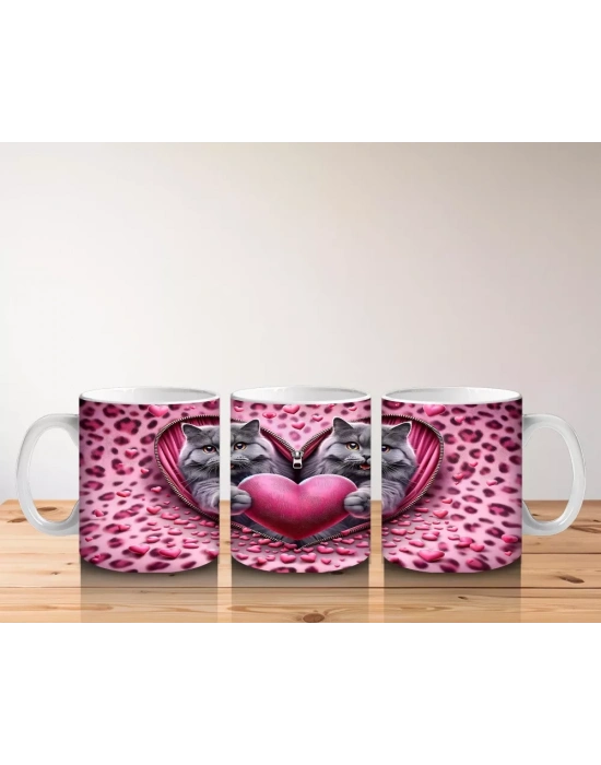 Leopar Desenli Zeminde Kalpli Figür Tutan Gri Kediler - Baskılı kahve kupası