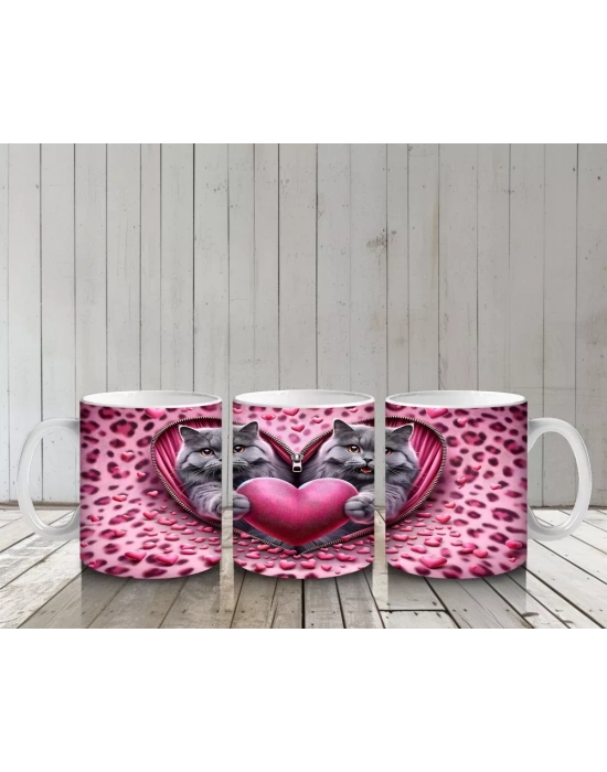 Leopar Desenli Zeminde Kalpli Figür Tutan Gri Kediler - Baskılı kahve kupası
