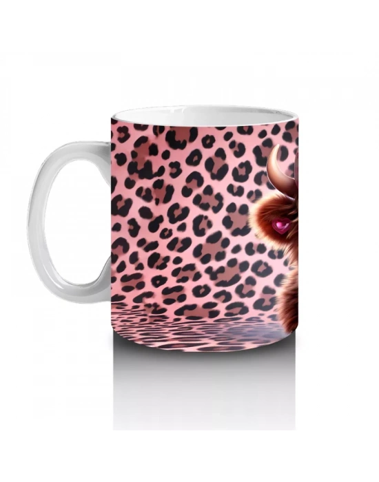 Leopar Desenli Zeminde Kalpli Gözlüklü Sevimli İnek - Baskılı kahve kupası