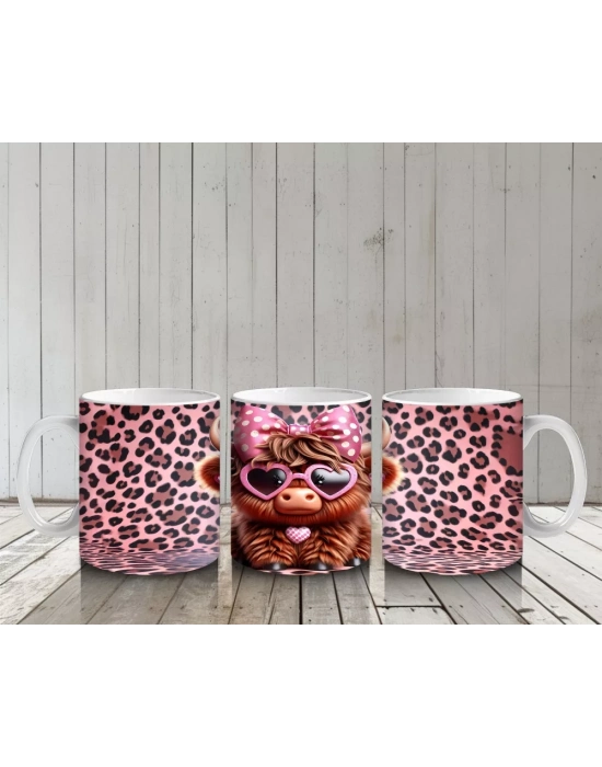 Leopar Desenli Zeminde Kalpli Gözlüklü Sevimli İnek - Baskılı kahve kupası