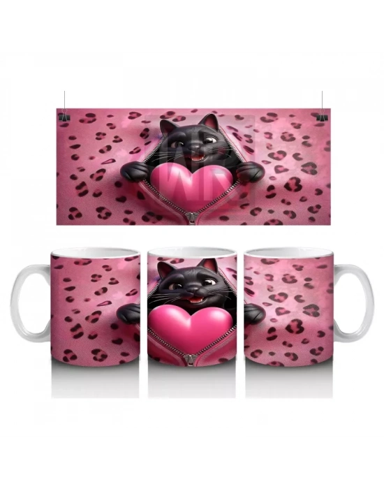 Leopar Desenli Zeminde Kalpli Yastığa Sarılan Siyah Kedi - Baskılı kahve kupası
