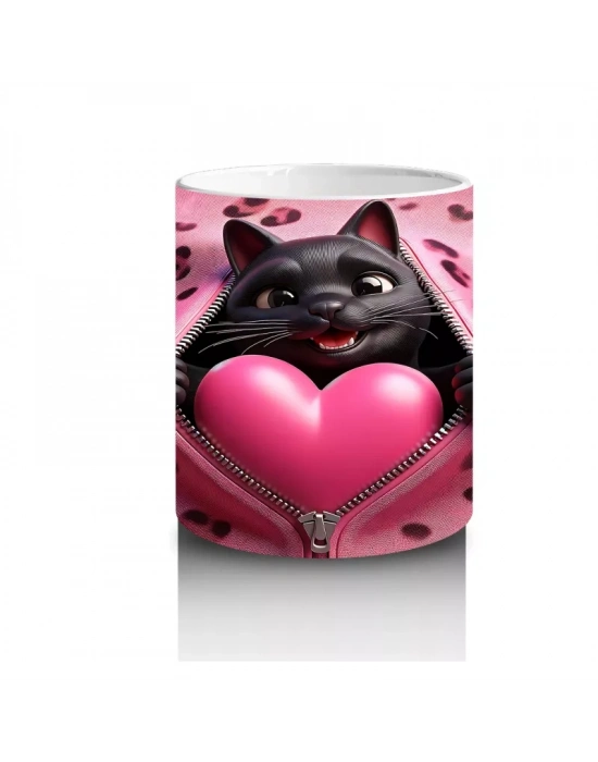 Leopar Desenli Zeminde Kalpli Yastığa Sarılan Siyah Kedi - Baskılı kahve kupası