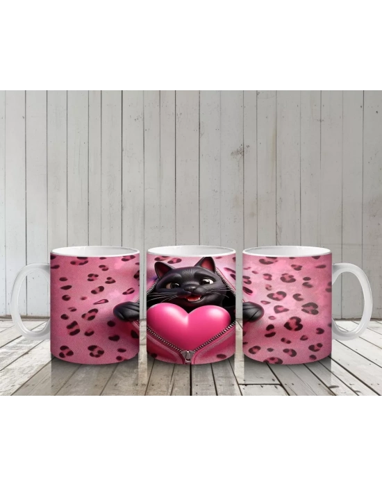 Leopar Desenli Zeminde Kalpli Yastığa Sarılan Siyah Kedi - Baskılı kahve kupası