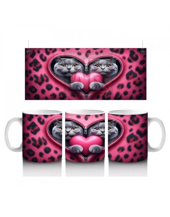 Leopar Desenli Zeminde Kalpli Yastığa Sarılan Siyah Kedi - Baskılı kahve kupası