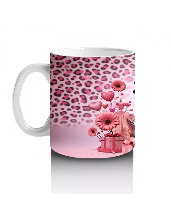 Leopar Desenli Zeminde Kurdeleli Dinozor ve Hediyeler - Baskılı kahve kupası