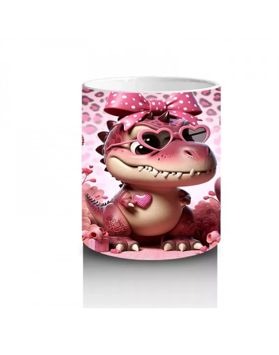 Leopar Desenli Zeminde Kurdeleli Dinozor ve Hediyeler - Baskılı kahve kupası