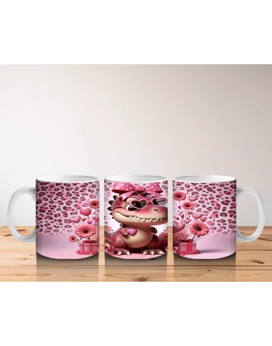 Leopar Desenli Zeminde Kurdeleli Dinozor ve Hediyeler - Baskılı kahve kupası