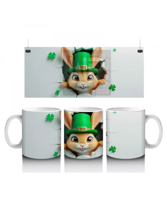 Leprechaun Şapkalı Sevimli Tavşan Figürü - Baskılı kahve kupası