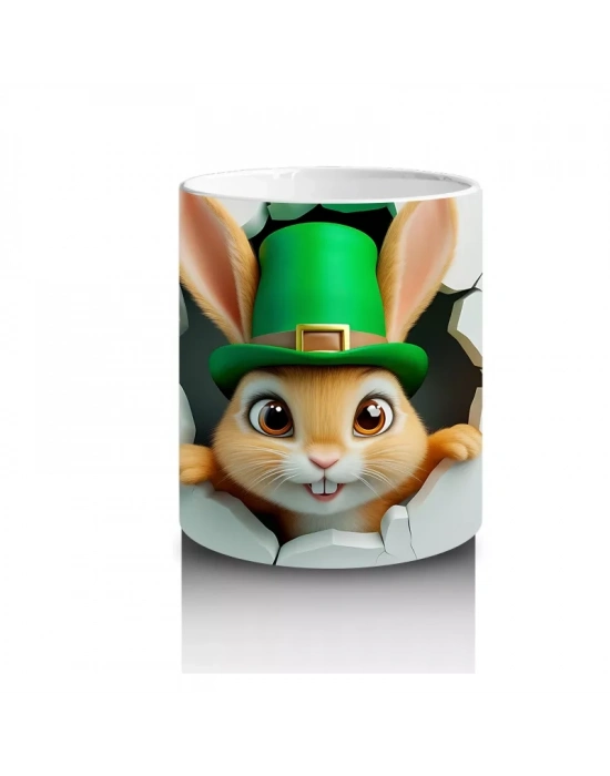 Leprechaun Şapkalı Sevimli Tavşan Figürü - Baskılı kahve kupası