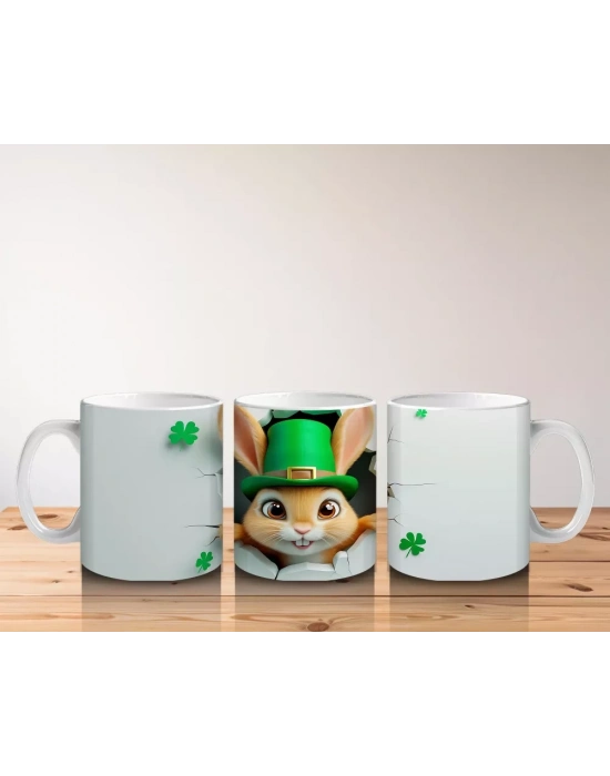 Leprechaun Şapkalı Sevimli Tavşan Figürü - Baskılı kahve kupası