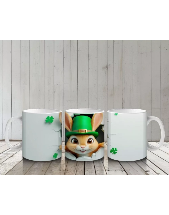Leprechaun Şapkalı Sevimli Tavşan Figürü - Baskılı kahve kupası