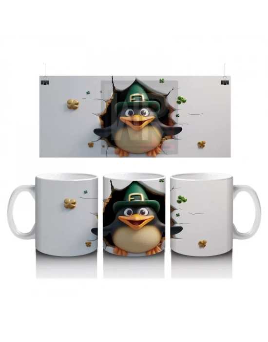 Leprechaun Şapkası Takan Neşeli Penguen Karakteri - Baskılı kahve kupası