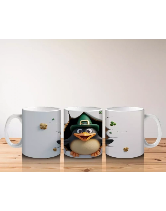 Leprechaun Şapkası Takan Neşeli Penguen Karakteri - Baskılı kahve kupası