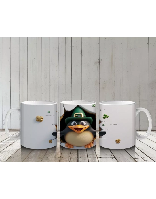 Leprechaun Şapkası Takan Neşeli Penguen Karakteri - Baskılı kahve kupası