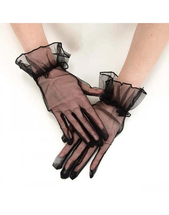 Likralı Güpürlü Yetişkin Tül Eldiven Siyah