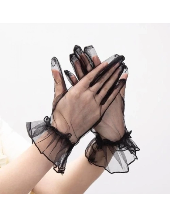 Likralı Güpürlü Yetişkin Tül Eldiven Siyah