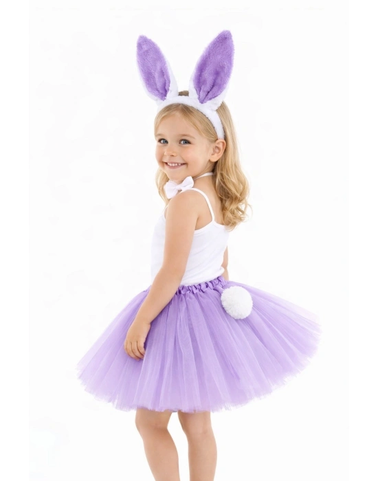 Lila Mor Tavşan Kostüm Seti Kız Çocuk – Tütü Etekli 4 Parça