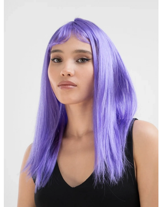 Lila Renk Uzun Düz Parti Peruğu