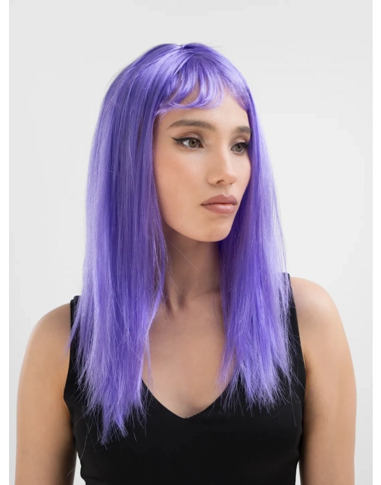 Lila Renk Uzun Düz Parti Peruğu