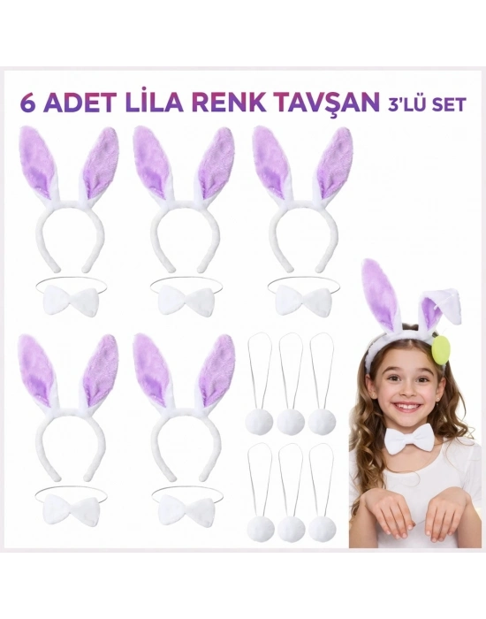 Lila Tavşan Sahne Seti 6'lı Set Taç Papyon Kuyruk