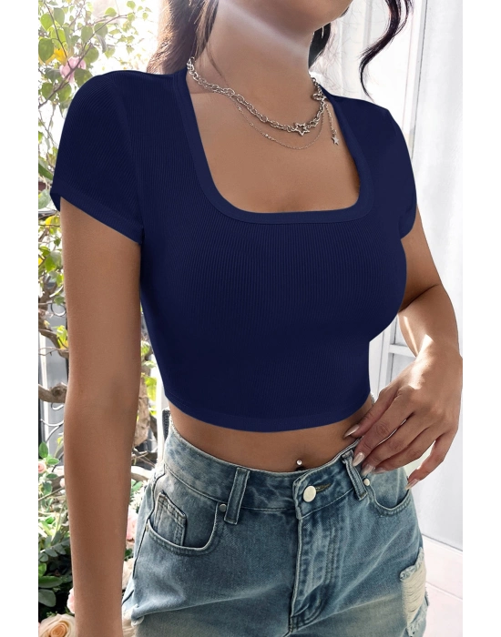 Kadın Lacivert Yarım Kol Düz Yaka Crop Top Bluz