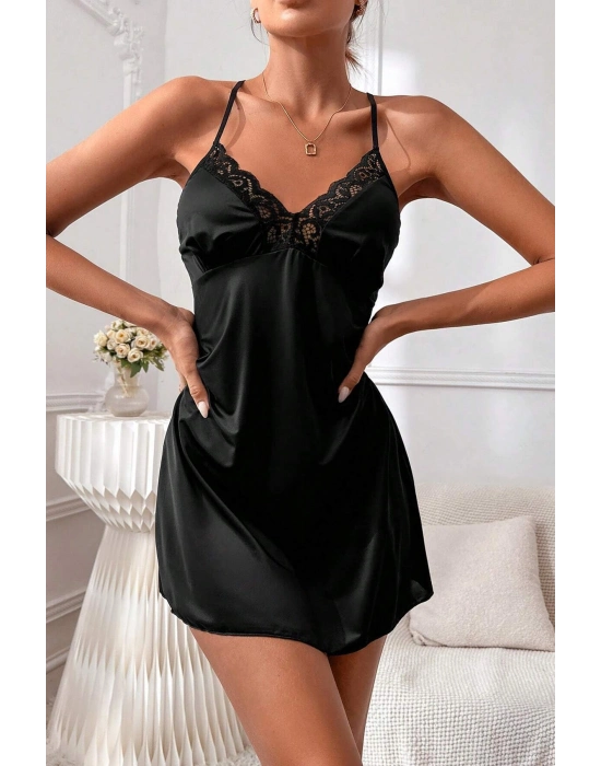 Kadın Siyah Göğüs ve Sırt Kısmı Dantel Detaylı Özel Gecelik