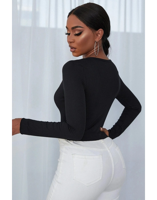 Kadın Siyah Uzun Kollu Düğmeli Göğüs ve Göbek Dekolteli Crop Top Bluz