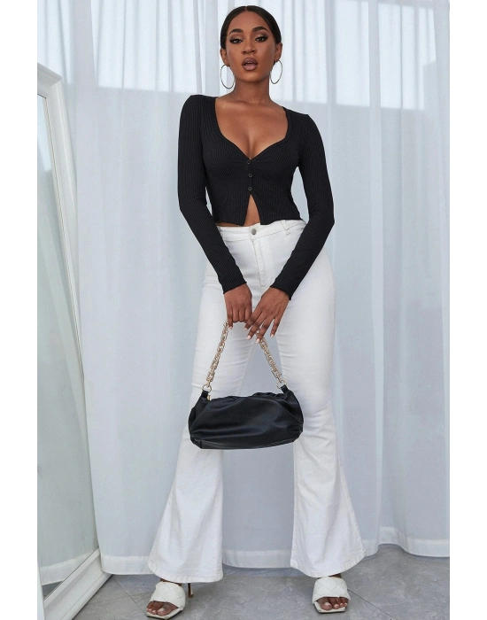 Kadın Siyah Uzun Kollu Düğmeli Göğüs ve Göbek Dekolteli Crop Top Bluz